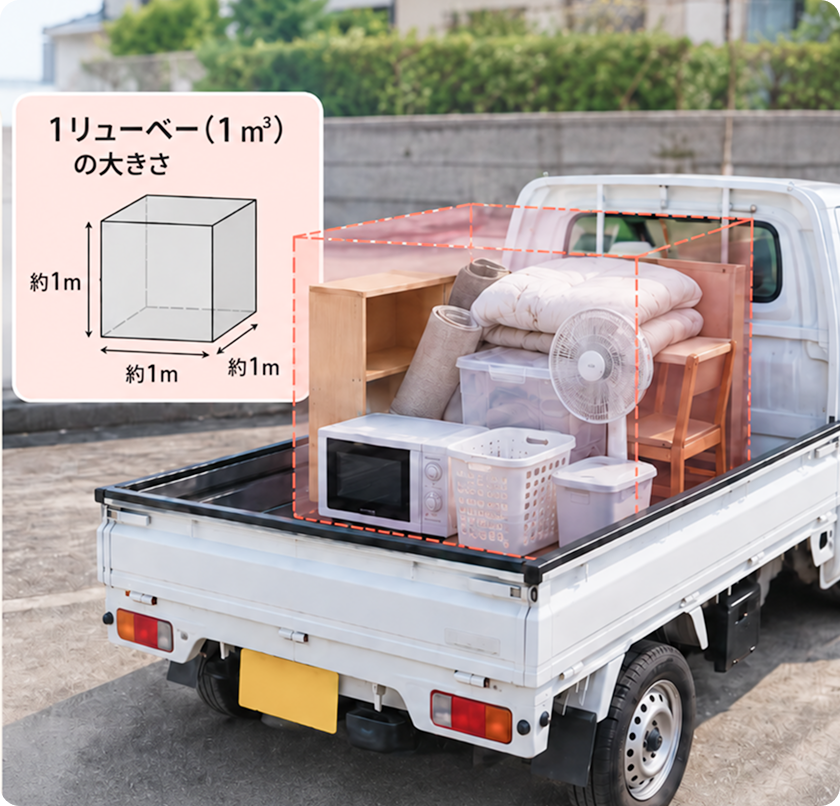 軽トラックの荷台に1m³分の不用品を積んだ例。1辺約1mの立方体の大きさを示しています